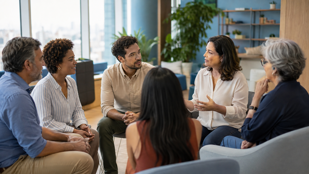 Profissionais de diferentes idades conversando e fortalecendo relações saudáveis no ambiente de trabalho