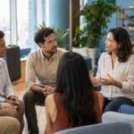 Profissionais de diferentes idades conversando e fortalecendo relações saudáveis no ambiente de trabalho