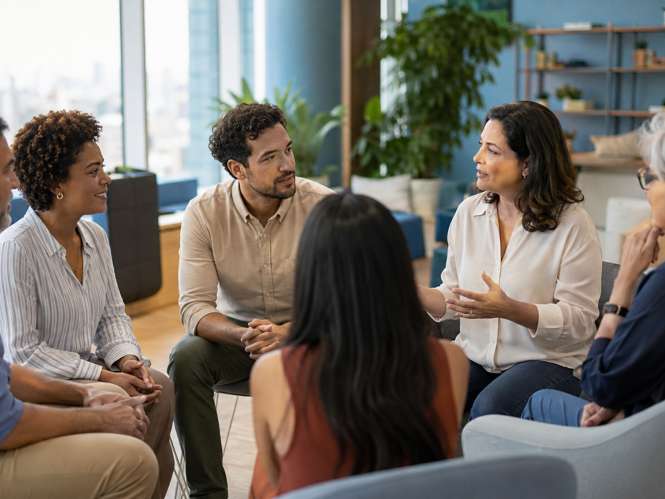Profissionais de diferentes idades conversando e fortalecendo relações saudáveis no ambiente de trabalho