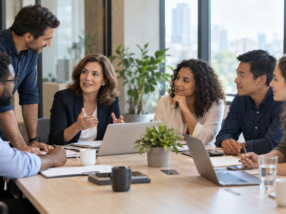 Líderes e equipe colaborando para transformar estratégia em resultados